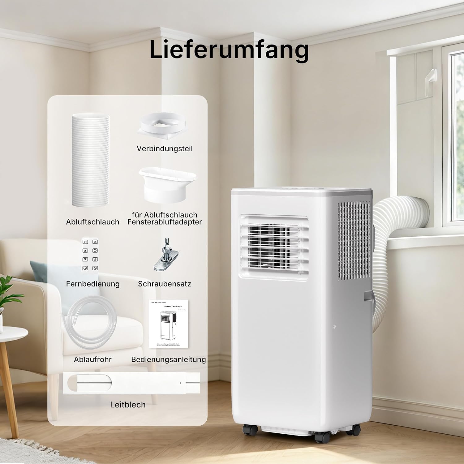 HEALLUX Mobile Air Conditioner 9000 BTU 2.6 kW, Portable Air Conditioner with Remote Control & Exhaust Hose, 4-in-1: Cooling, Ventilating, Dehumidifying, Timer 24 Hours, for Rooms up to 40 m², White