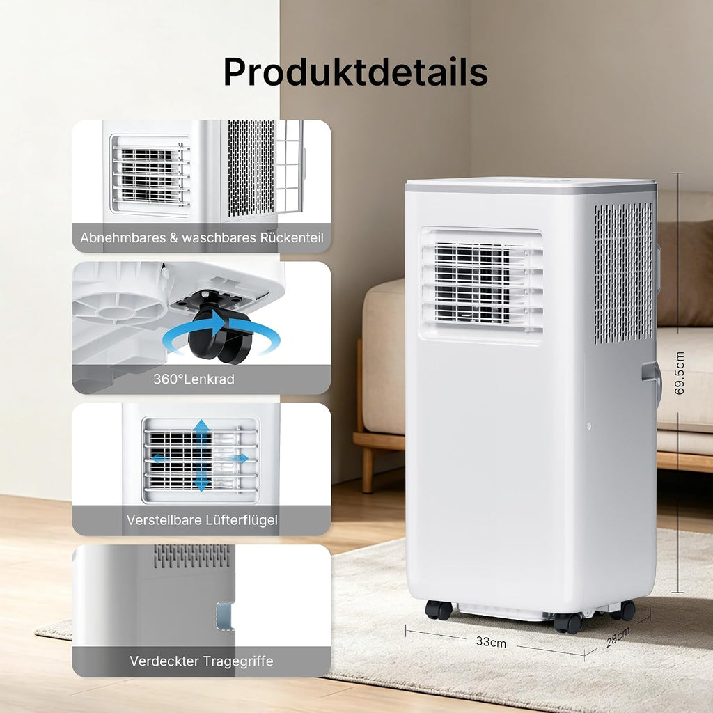 HEALLUX Mobile Air Conditioner 9000 BTU 2.6 kW, Portable Air Conditioner with Remote Control & Exhaust Hose, 4-in-1: Cooling, Ventilating, Dehumidifying, Timer 24 Hours, for Rooms up to 40 m², White