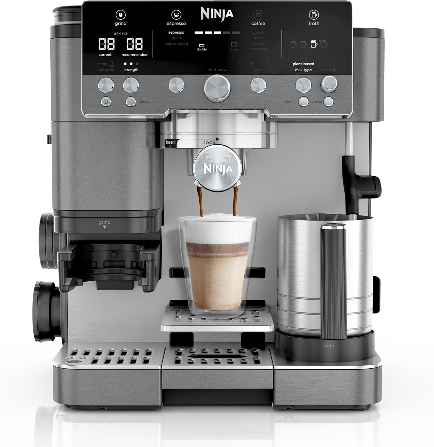 Ninja Luxe Premier 3-in-1 Coffee Machine with Grinder, Frother for Latte, Cappuccino, Cold Brew & Espresso, Up to 2 Cups, 4 Frothing Presets, Grey Metal ES601EUGM
