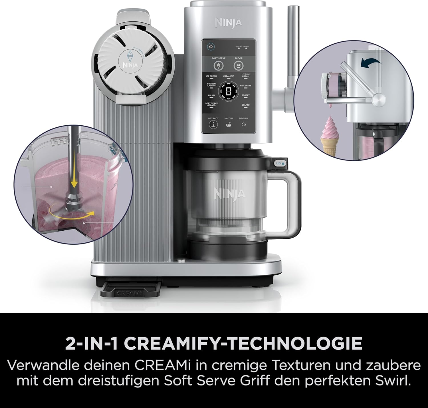 Ninja CREAMi Scoop & Swirl Eismaschine mit 2 Behältern, 13 Funktionen, für Eiscreme, Softeis, Gelato, Sorbet, Milchshakes und mehr, mit Mix-In-Funktion, Platinsilber, NC701EU