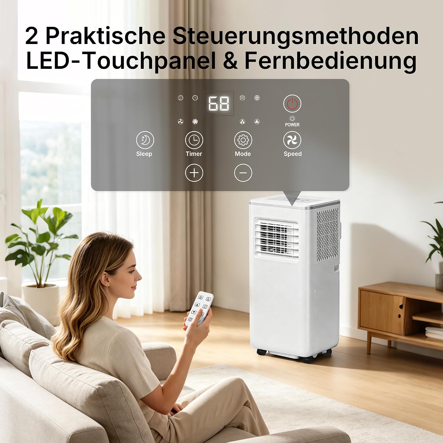 HEALLUX Mobile Air Conditioner 9000 BTU 2.6 kW, Portable Air Conditioner with Remote Control & Exhaust Hose, 4-in-1: Cooling, Ventilating, Dehumidifying, Timer 24 Hours, for Rooms up to 40 m², White