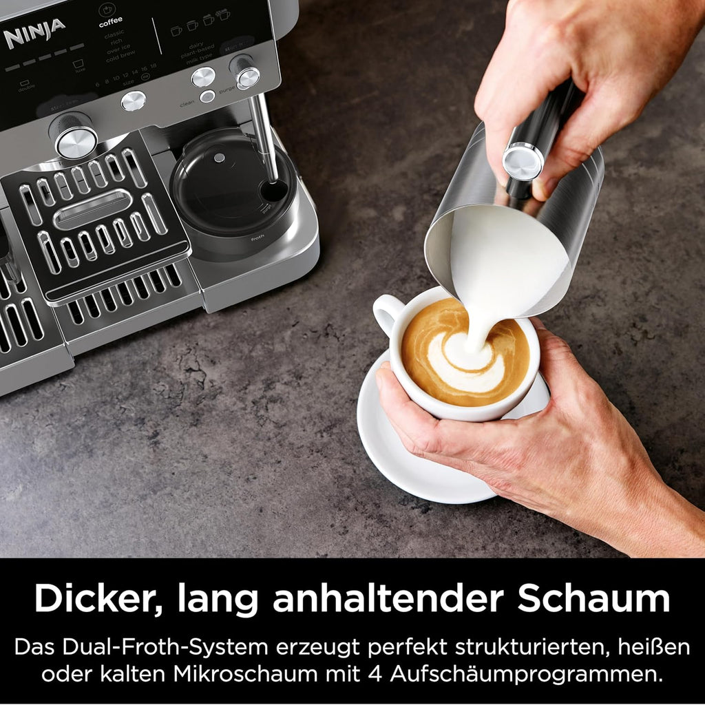 Ninja Luxe Premier 3-in-1 Coffee Machine with Grinder, Frother for Latte, Cappuccino, Cold Brew & Espresso, Up to 2 Cups, 4 Frothing Presets, Grey Metal ES601EUGM