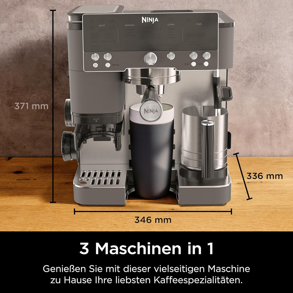 Ninja Luxe Premier 3-in-1 Coffee Machine with Grinder, Frother for Latte, Cappuccino, Cold Brew & Espresso, Up to 2 Cups, 4 Frothing Presets, Grey Metal ES601EUGM