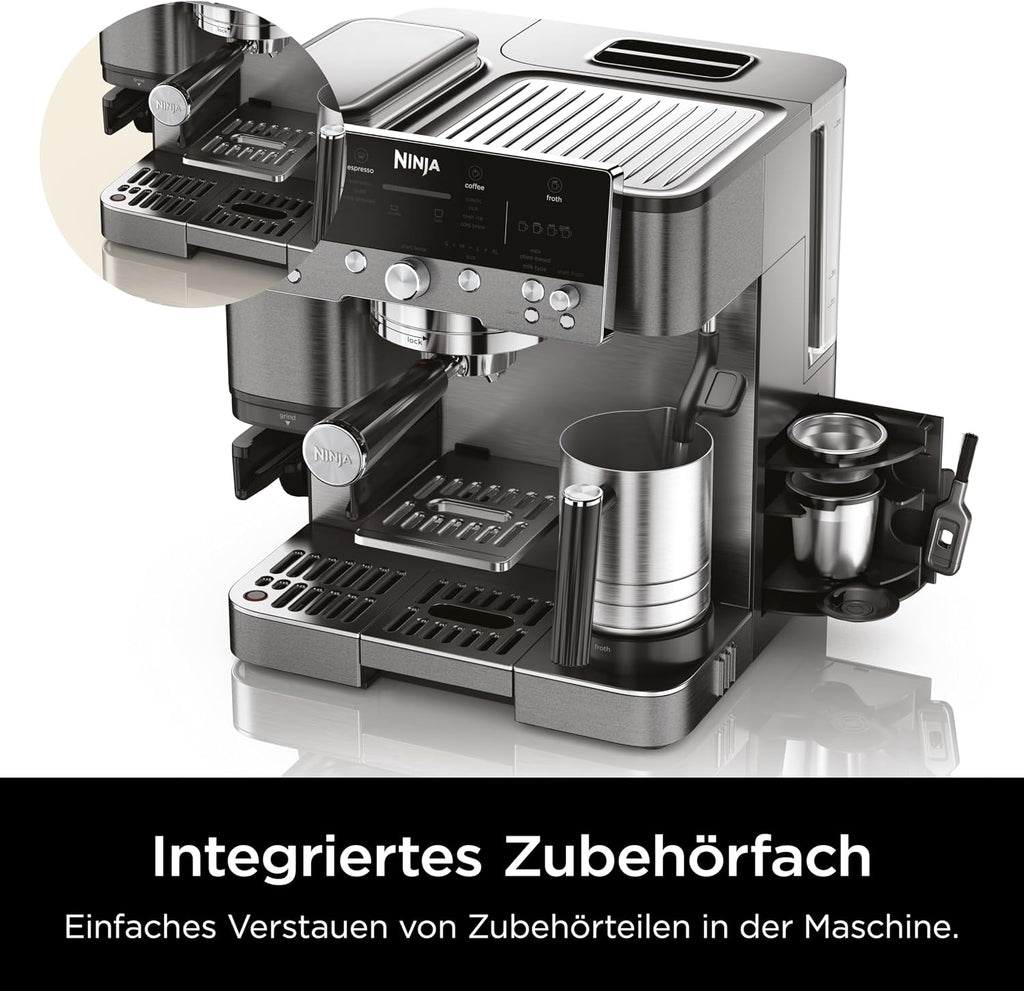 Ninja Luxe Premier 3-in-1 Coffee Machine with Grinder, Frother for Latte, Cappuccino, Cold Brew & Espresso, Up to 2 Cups, 4 Frothing Presets, Grey Metal ES601EUGM