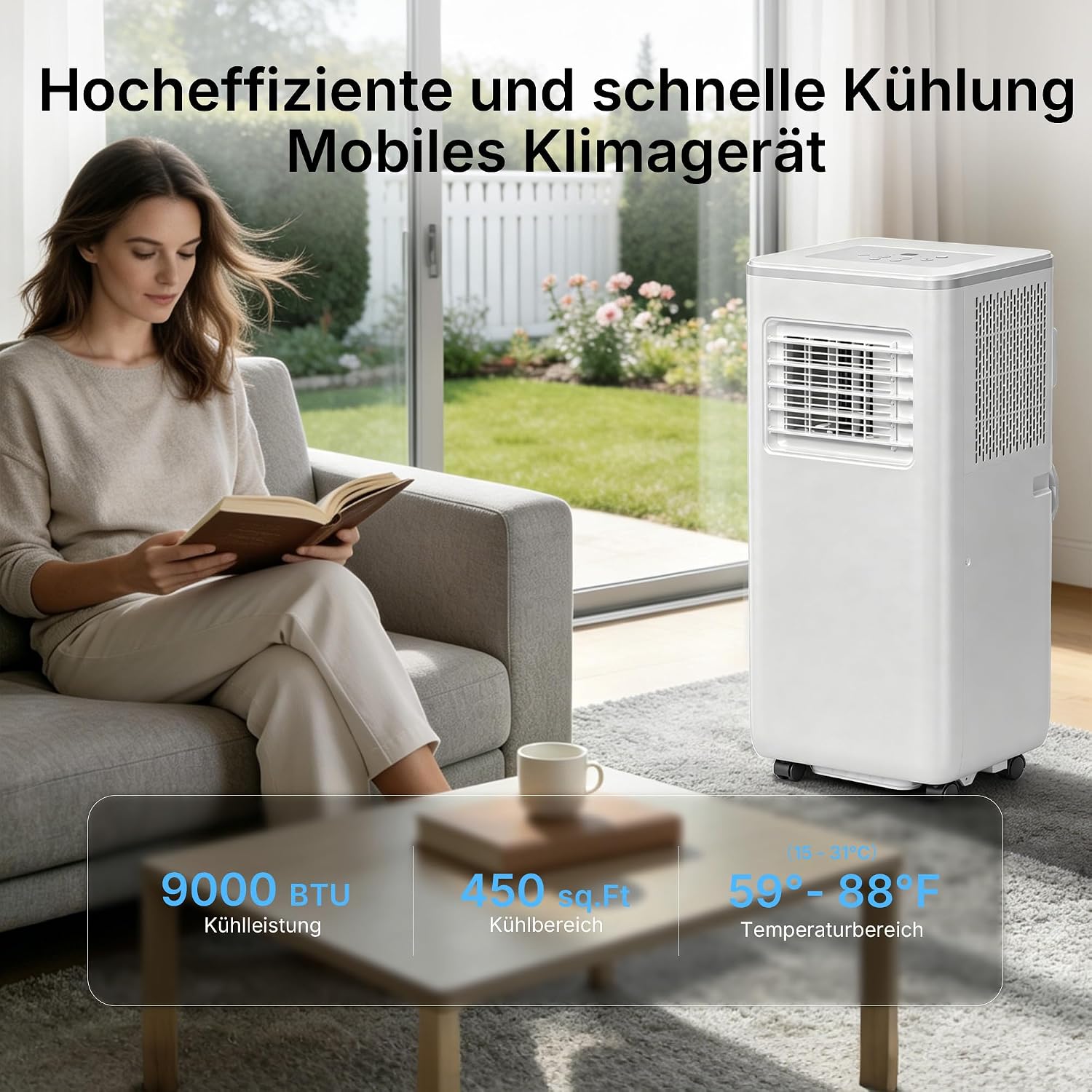 HEALLUX Mobile Air Conditioner 9000 BTU 2.6 kW, Portable Air Conditioner with Remote Control & Exhaust Hose, 4-in-1: Cooling, Ventilating, Dehumidifying, Timer 24 Hours, for Rooms up to 40 m², White