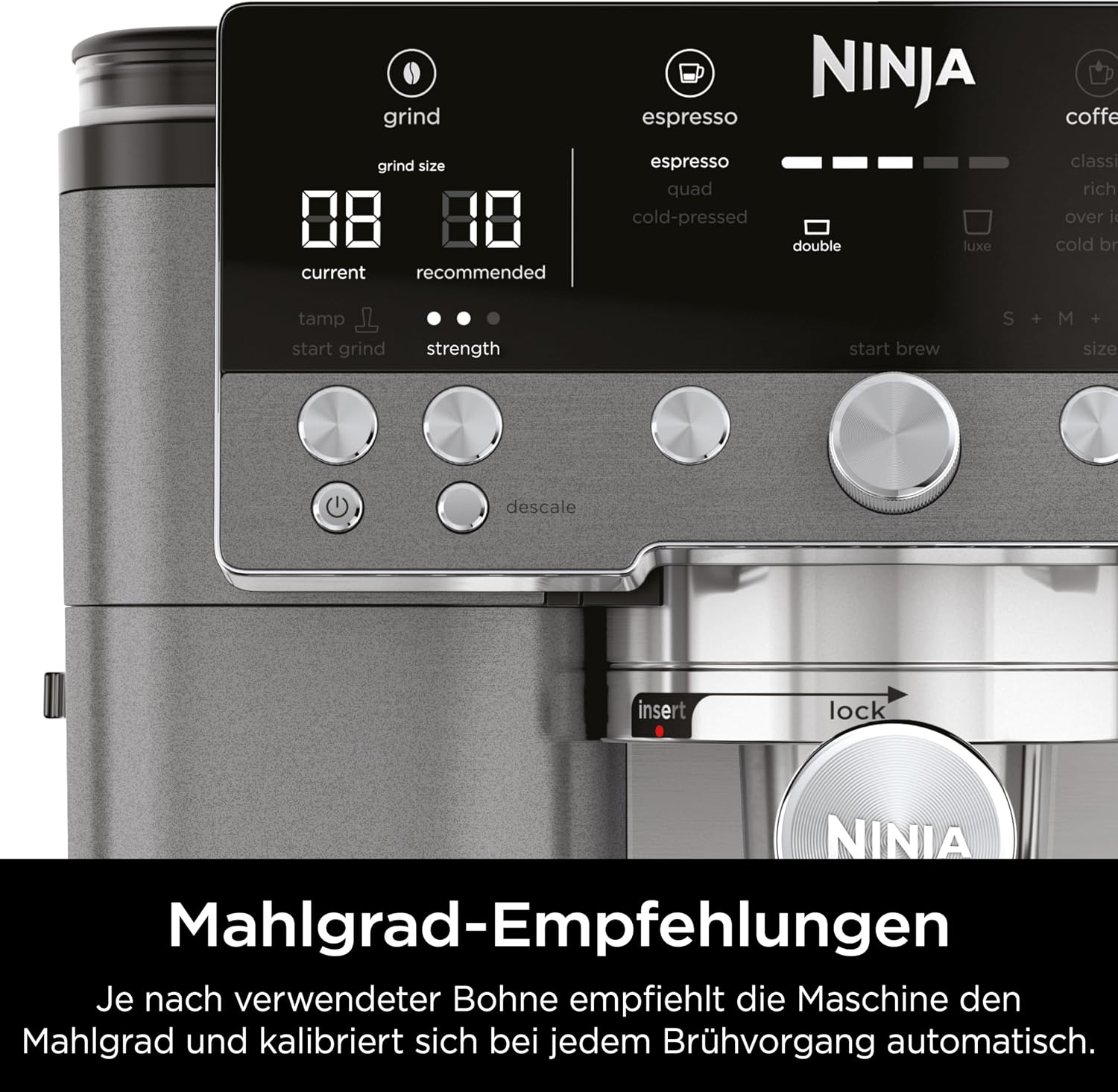 Ninja Luxe Premier 3-in-1 Coffee Machine with Grinder, Frother for Latte, Cappuccino, Cold Brew & Espresso, Up to 2 Cups, 4 Frothing Presets, Grey Metal ES601EUGM